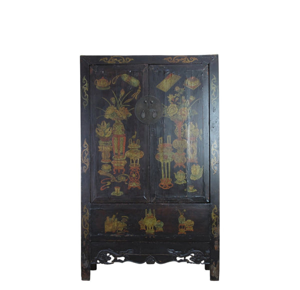 Hand Painted Flower 2 Panel Doors Antique Chinese Cabinet - Dyag East