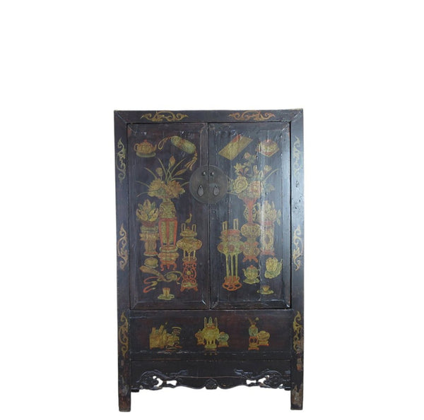 Hand Painted Flower 2 Panel Doors Antique Chinese Cabinet - Dyag East
