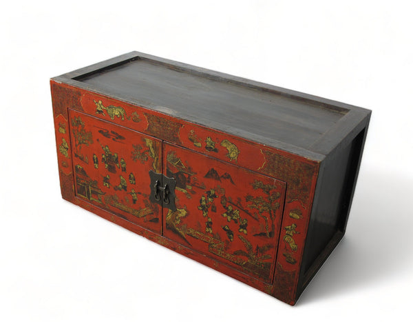 Hand Painted Red Vintage Chinese Chinoiserie - Style Cabinet - Dyag East