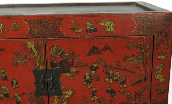 Hand Painted Red Vintage Chinese Chinoiserie - Style Cabinet - Dyag East