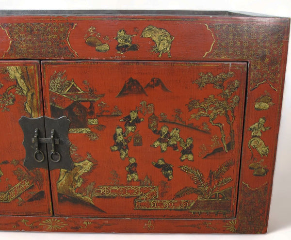 Hand Painted Red Vintage Chinese Chinoiserie - Style Cabinet - Dyag East