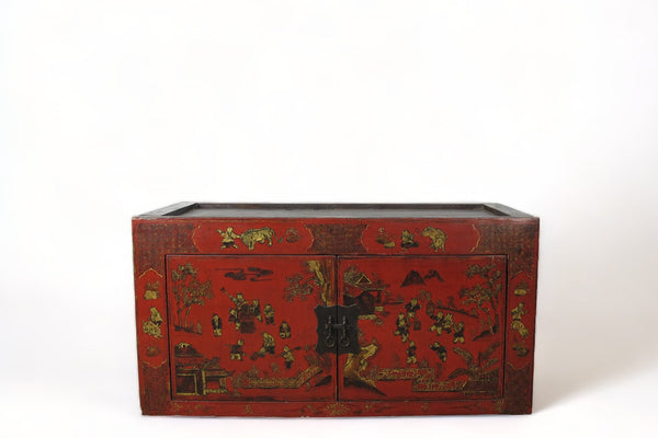 Hand Painted Red Vintage Chinese Chinoiserie - Style Cabinet - Dyag East