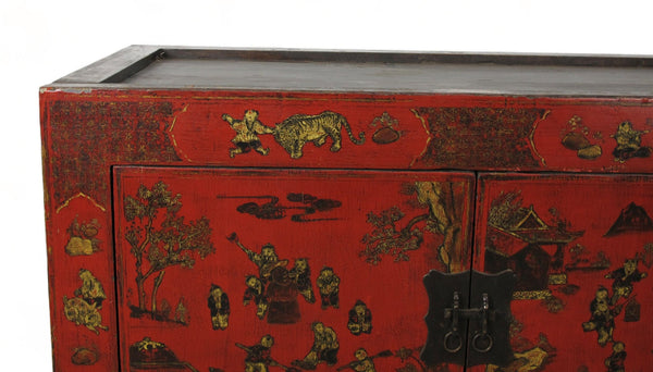 Hand Painted Red Vintage Chinese Chinoiserie - Style Cabinet - Dyag East