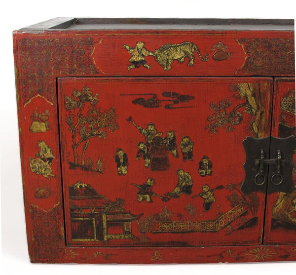 Hand Painted Red Vintage Chinese Chinoiserie - Style Cabinet - Dyag East