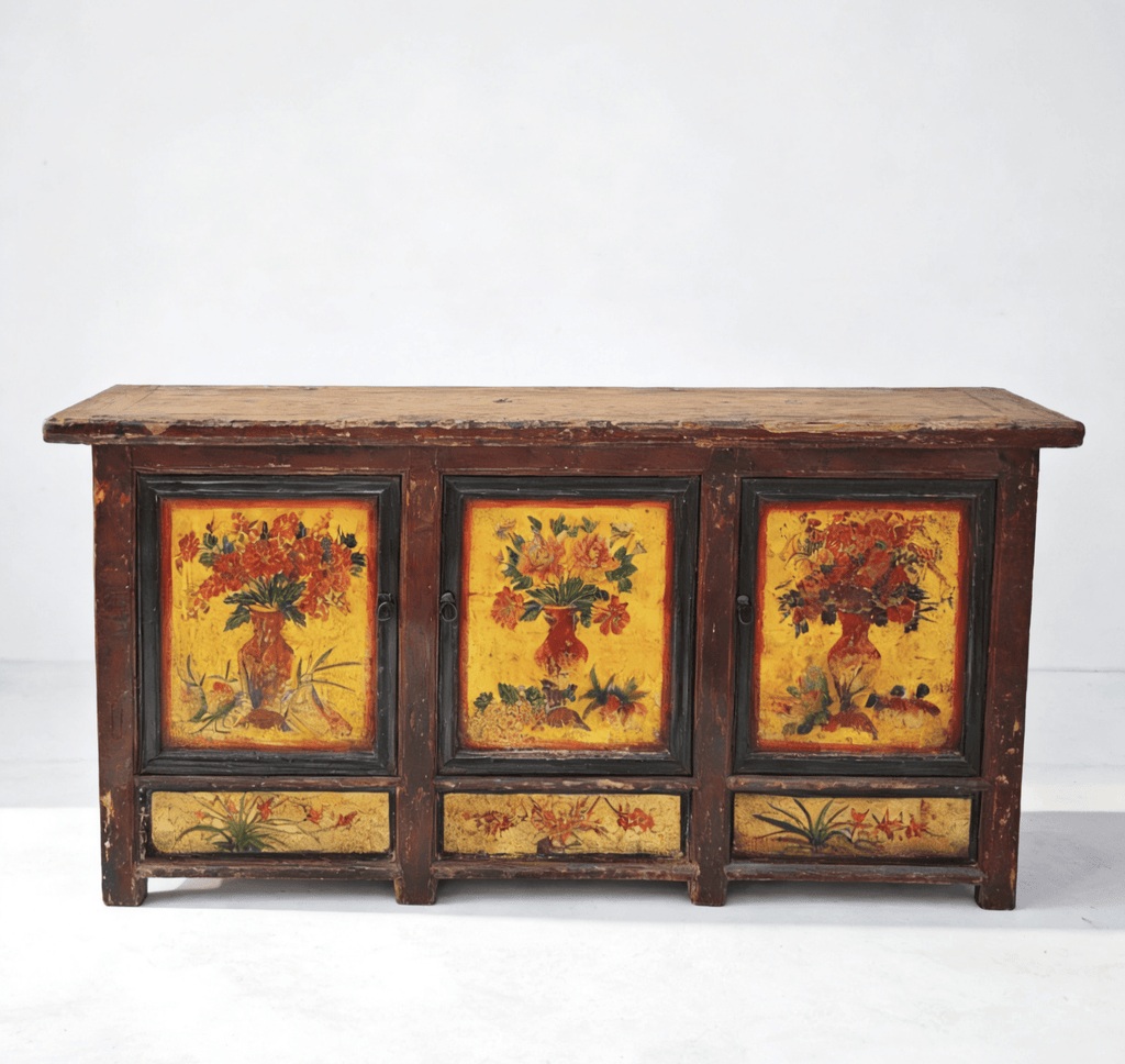 Late 19th Century Hand - Painted Botanical Mural Buffet - Dyag East