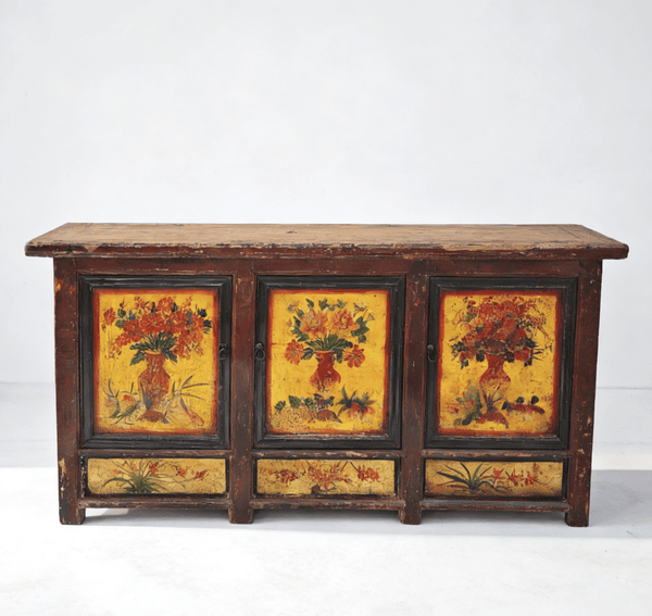 Late 19th Century Hand - Painted Botanical Mural Buffet - Dyag East
