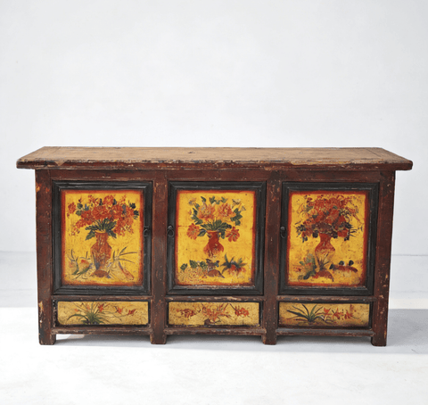 Late 19th Century Hand - Painted Botanical Mural Buffet - Dyag East