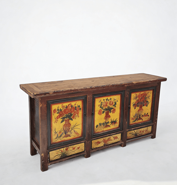 Late 19th Century Hand - Painted Botanical Mural Buffet - Dyag East
