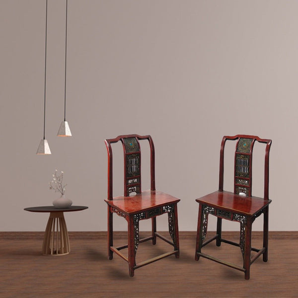 Pair Antique Chinese Blue Eye Side Chairs - Dyag East