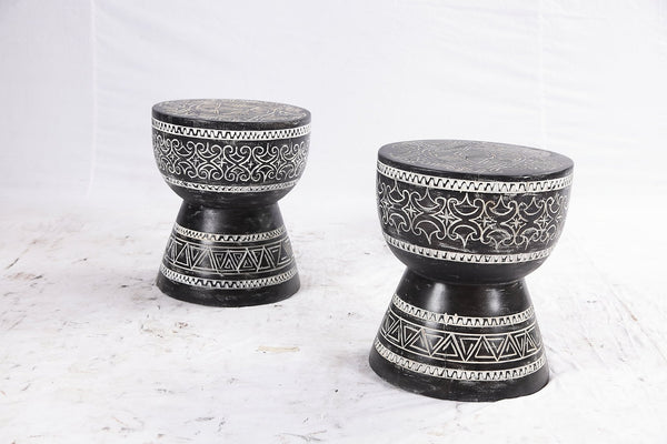 Pair of 14” Round Black Suar Drum Accent Tables - Dyag East