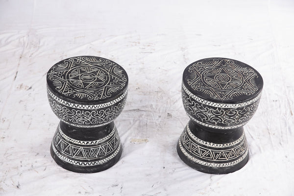 Pair of 14” Round Black Suar Drum Accent Tables - Dyag East