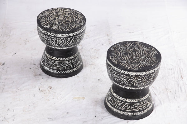 Pair of 14” Round Black Suar Drum Accent Tables - Dyag East