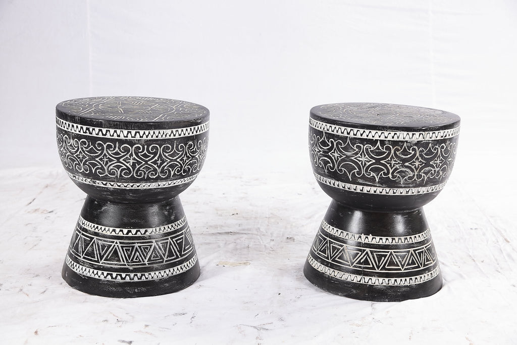 Pair of 14” Round Black Suar Drum Accent Tables - Dyag East