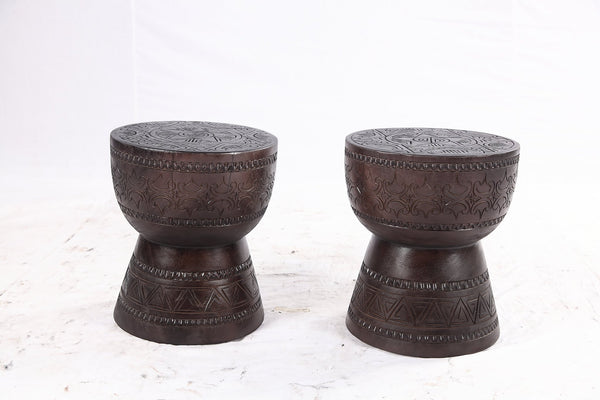 Pair of 14” Round Brown Suar Drum Accent Tables - Dyag East