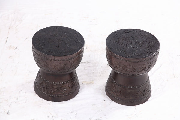 Pair of 14” Round Brown Suar Drum Accent Tables - Dyag East