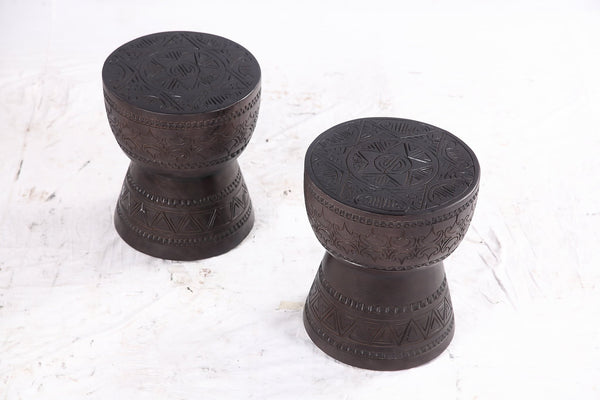 Pair of 14” Round Brown Suar Drum Accent Tables - Dyag East