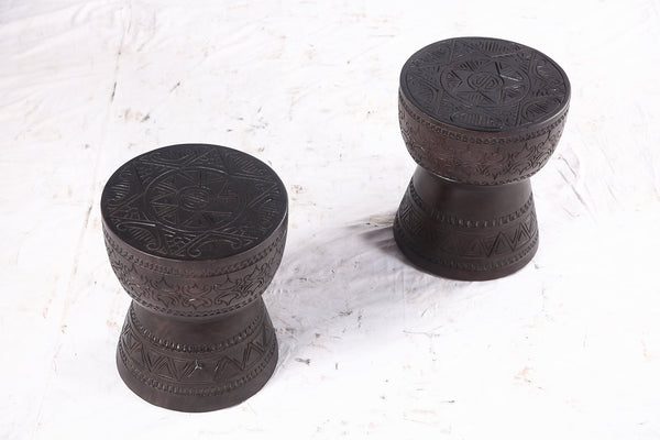 Pair of 14” Round Brown Suar Drum Accent Tables - Dyag East