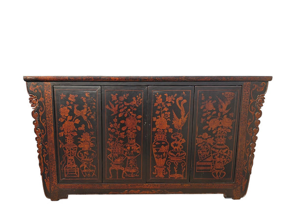 Vintage Chinese Four-Door Cabinet with Hand-Painted Floral and Bird Panels - Dyag East