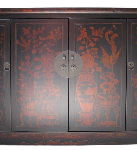 Vintage Chinese Four-Door Cabinet with Hand-Painted Floral and Bird Panels - Dyag East