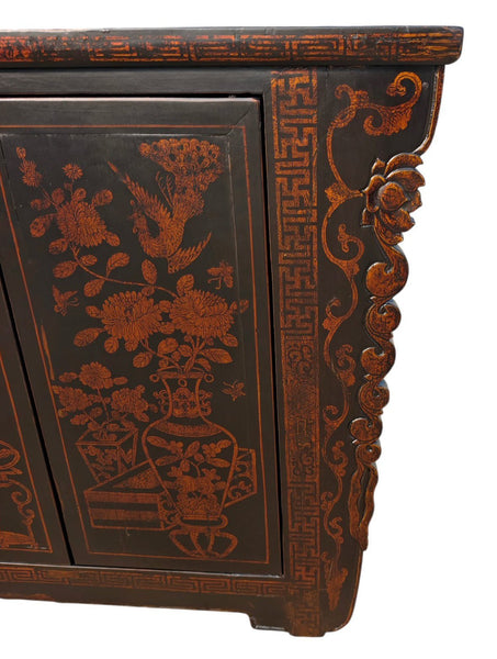Vintage Chinese Four-Door Cabinet with Hand-Painted Floral and Bird Panels - Dyag East