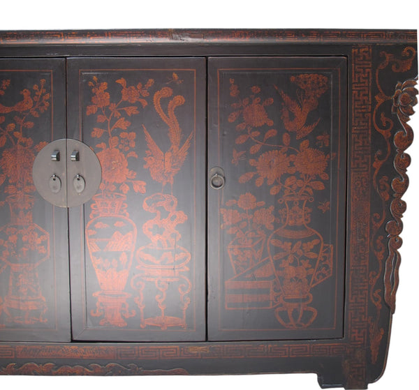 Vintage Chinese Four-Door Cabinet with Hand-Painted Floral and Bird Panels - Dyag East