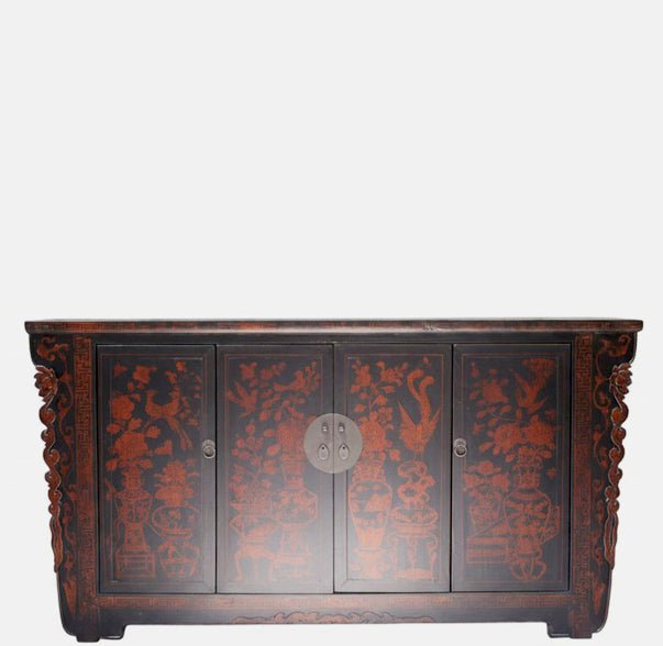 Vintage Chinese Four-Door Cabinet with Hand-Painted Floral and Bird Panels - Dyag East