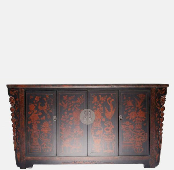 Vintage Chinese Four-Door Cabinet with Hand-Painted Floral and Bird Panels - Dyag East