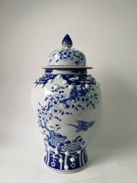 Blue and White Chinese Porcelain Ginger Jar With Birds & Flowers