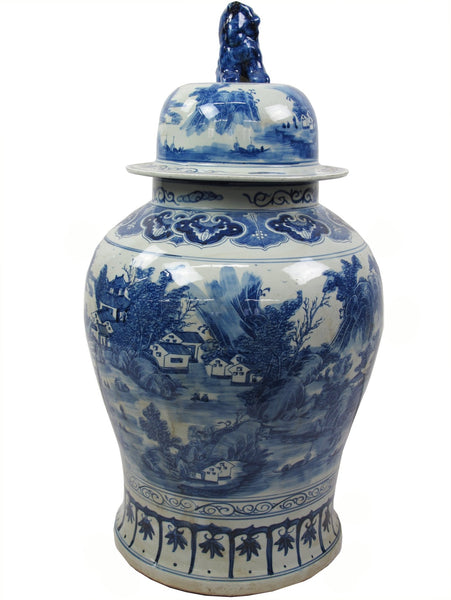 35 Inch Tall Grand Blue & White Porcelain Ginger Jar With Foo Dog Lid - Dyag East