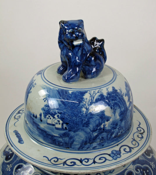 35 Inch Tall Grand Blue & White Porcelain Ginger Jar With Foo Dog Lid - Dyag East
