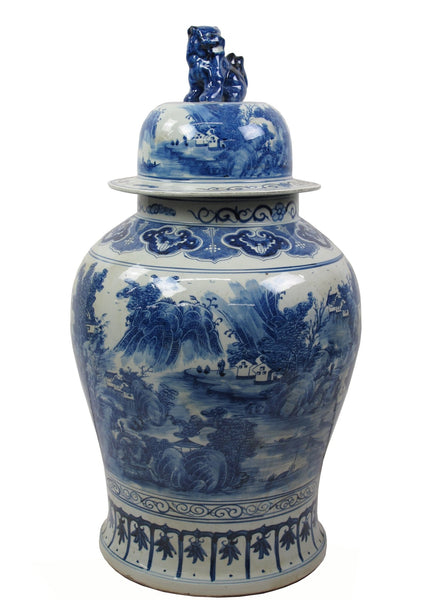 35 Inch Tall Grand Blue & White Porcelain Ginger Jar With Foo Dog Lid - Dyag East