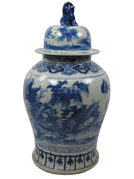 35 Inch Tall Grand Blue & White Porcelain Ginger Jar With Foo Dog Lid - Dyag East