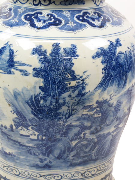 35 Inch Tall Grand Blue & White Porcelain Ginger Jar With Foo Dog Lid - Dyag East