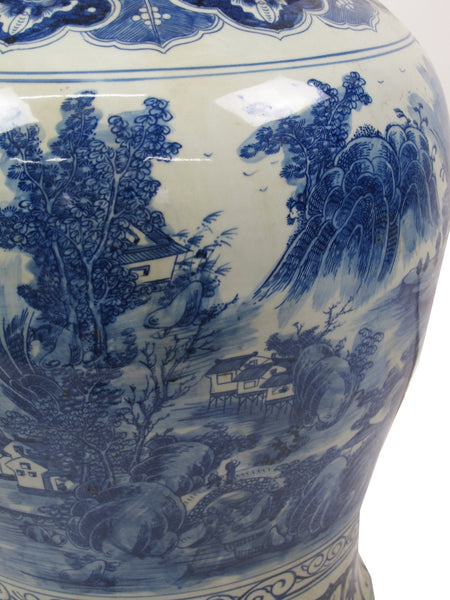 35 Inch Tall Grand Blue & White Porcelain Ginger Jar With Foo Dog Lid - Dyag East