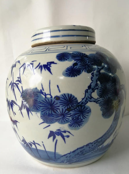 Blue and White Porcelain Tree and Flower Ginger Jar With Lid
