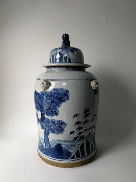 Blue and White Porcelain Vase With Ever Green and Plum Flowers