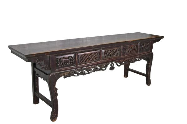 96” Inch Long Antique Brown Chinese Altar Console Table – 3 Drawers - Dyag East