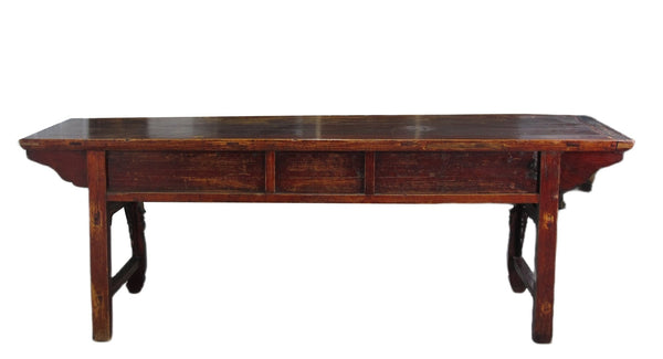 96” Inch Long Antique Brown Chinese Altar Console Table – 3 Drawers - Dyag East
