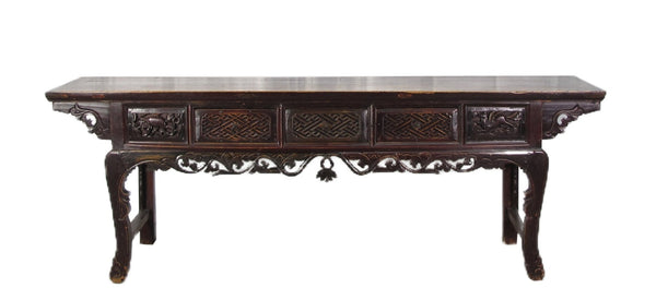 96” Inch Long Antique Brown Chinese Altar Console Table – 3 Drawers - Dyag East