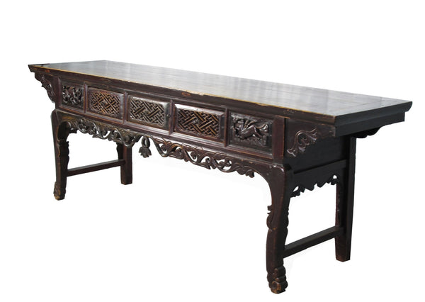 96” Inch Long Antique Brown Chinese Altar Console Table – 3 Drawers - Dyag East