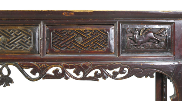 96” Inch Long Antique Brown Chinese Altar Console Table – 3 Drawers - Dyag East