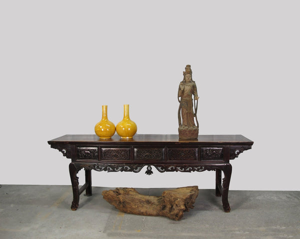 96” Inch Long Antique Brown Chinese Altar Console Table – 3 Drawers - Dyag East