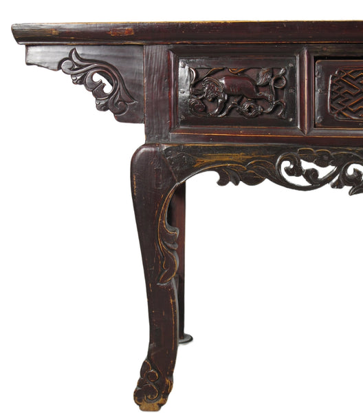 96” Inch Long Antique Brown Chinese Altar Console Table – 3 Drawers - Dyag East