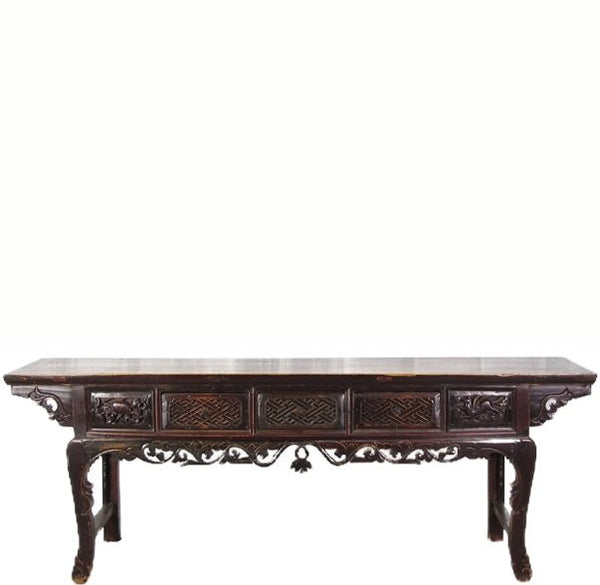 96” Inch Long Antique Brown Chinese Altar Console Table – 3 Drawers - Dyag East