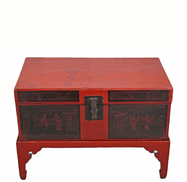 Red Antique Accent Cabinet Trunk with a Stand