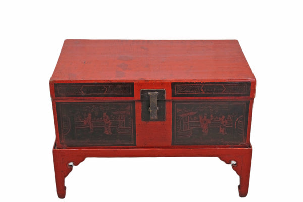 Red Antique Accent Cabinet Trunk with a Stand