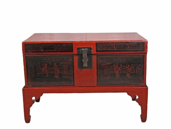 Red Antique Accent Cabinet Trunk with a Stand