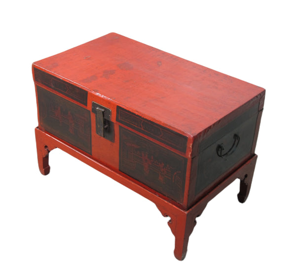 Red Antique Accent Cabinet Trunk with a Stand
