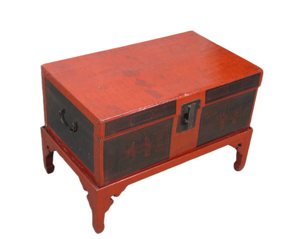Red Antique Accent Cabinet Trunk with a Stand