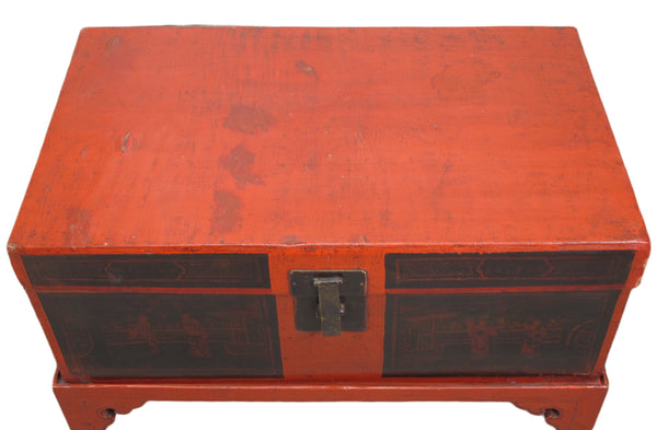 Red Antique Accent Cabinet Trunk with a Stand